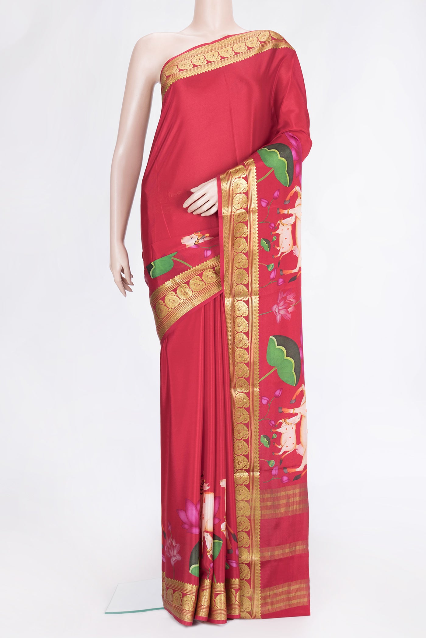 Dark Pink Dual Tone Mysore Silk Saree with Plain Body and Fancy Border.  displayed on a mannequin