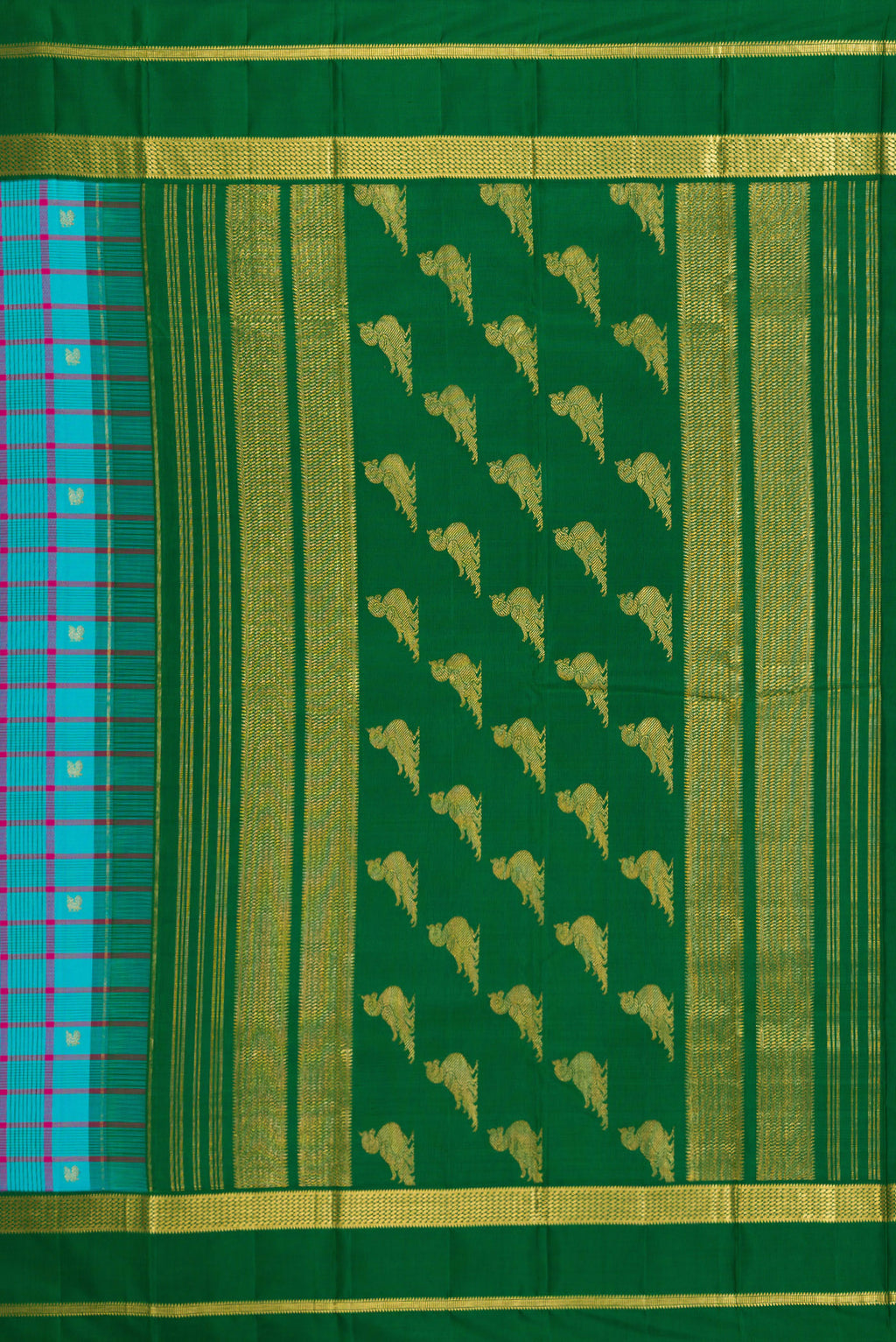 Close up image of the pallu of Sky Blue Kanjivaram Silk Saree with Checked design on the body and Zari Border. 