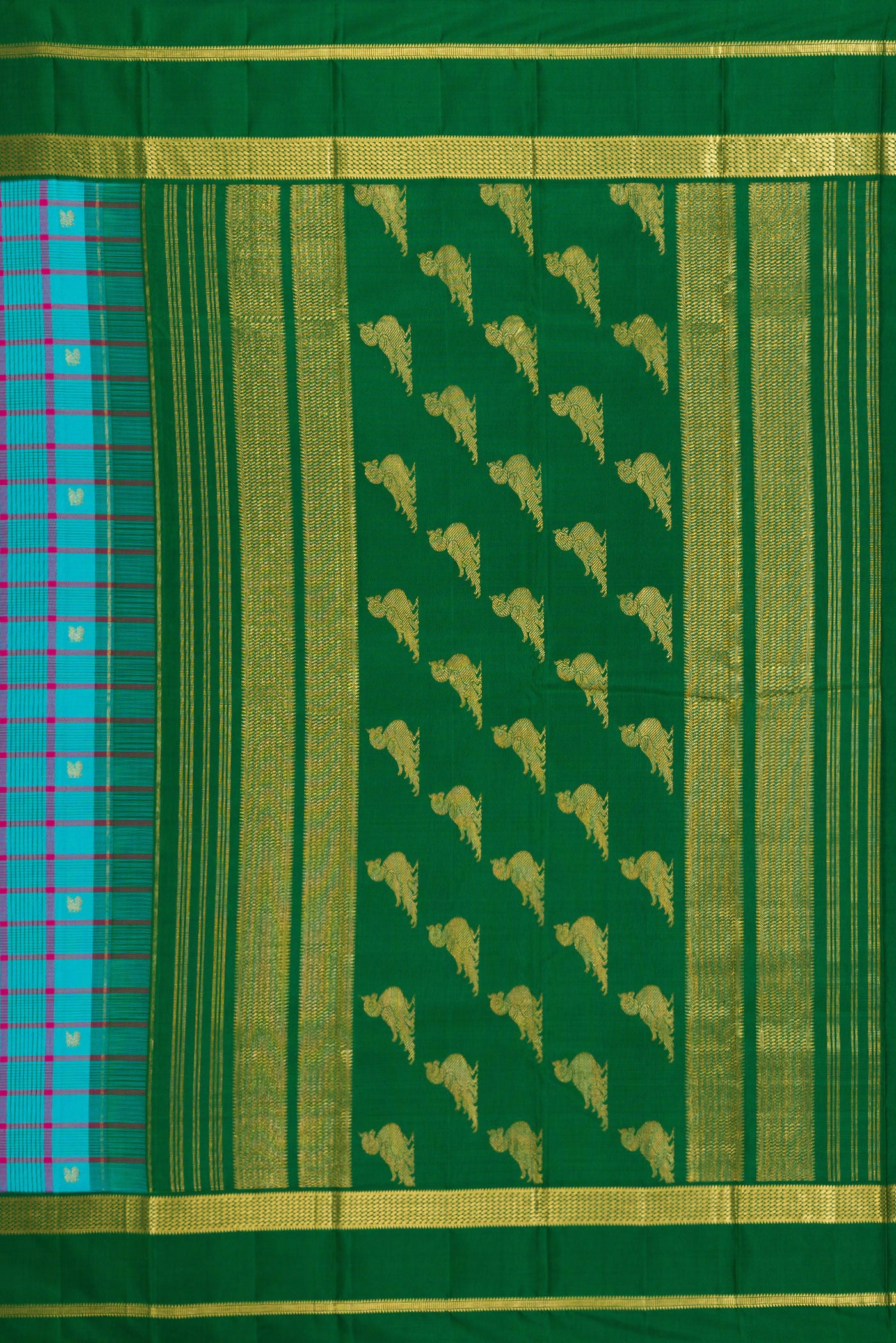 Close up image of the pallu of Sky Blue Kanjivaram Silk Saree with Checked design on the body and Zari Border. 