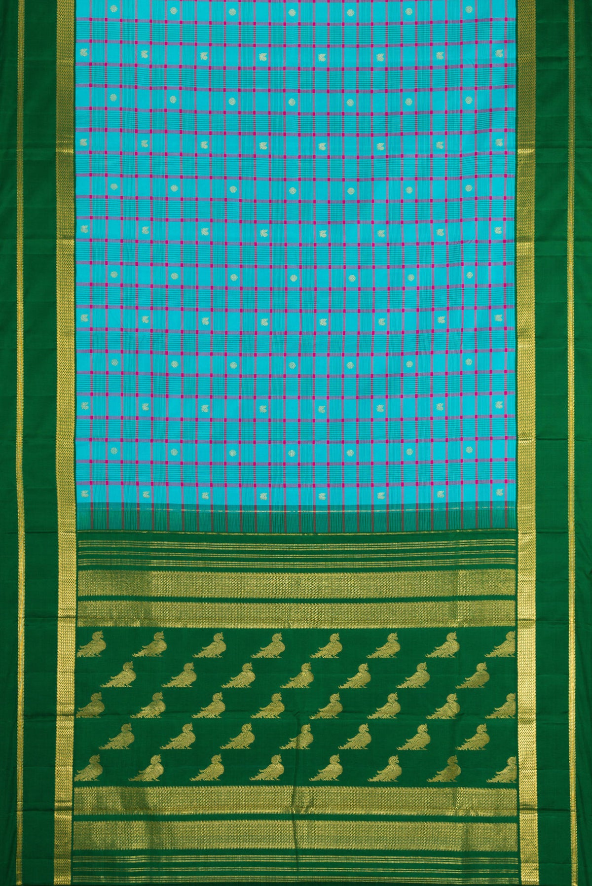 Flat view of Sky Blue Kanjivaram Silk Saree with Checked design on the body and Zari Border. 