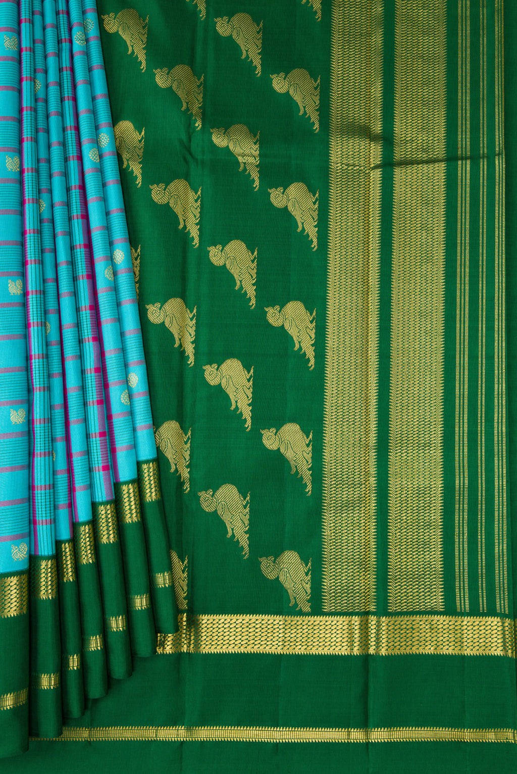 Pleats and pallu of Sky Blue Kanjivaram Silk Saree with Checked design on the body and Zari Border. 