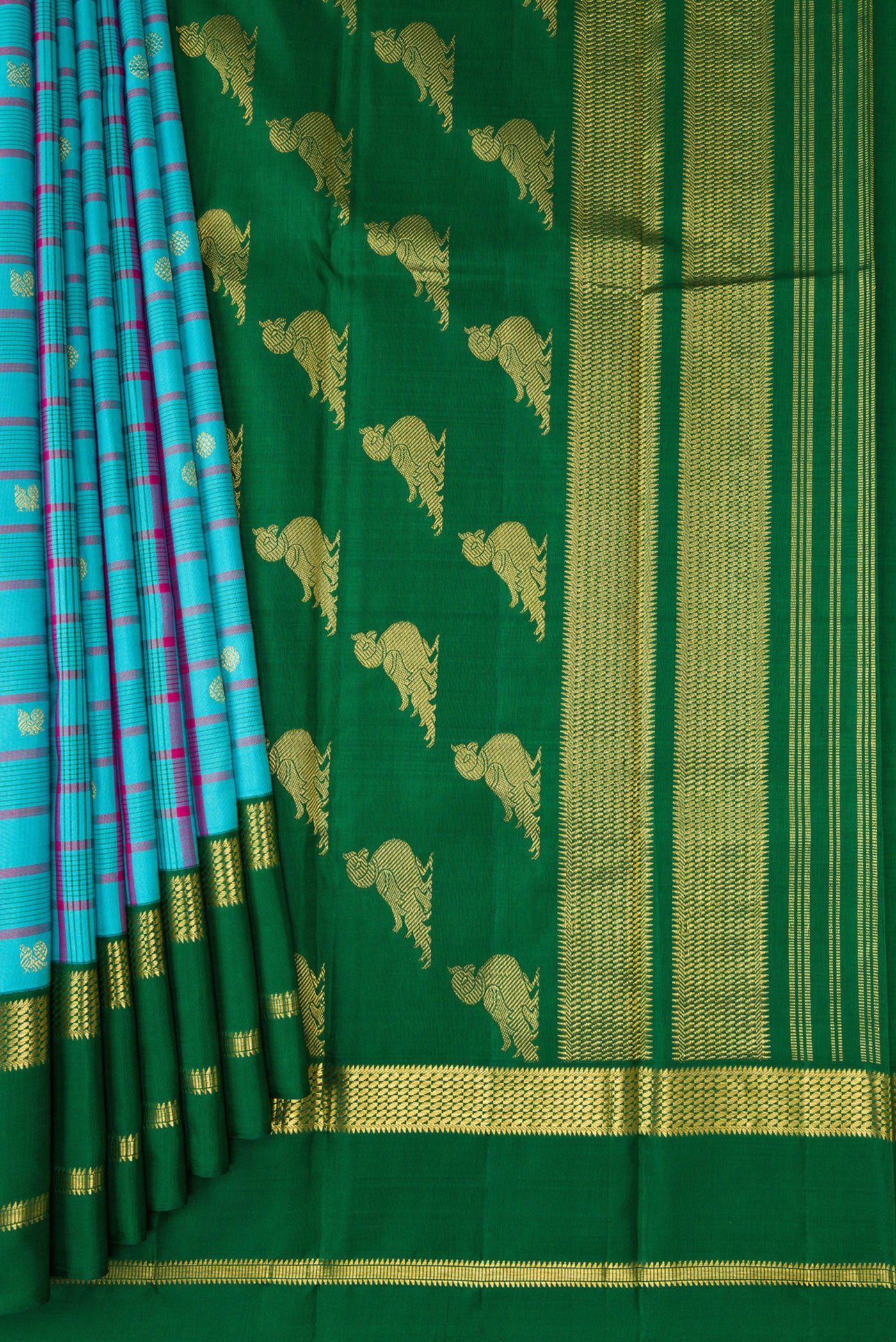Pleats and pallu of Sky Blue Kanjivaram Silk Saree with Checked design on the body and Zari Border. 