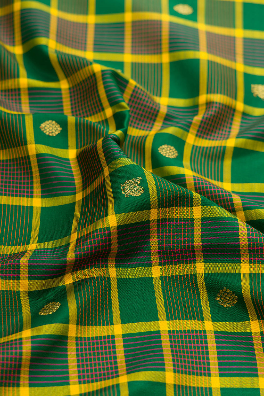 Close up of Green Kanjivaram Silk Saree with Checked design on the body and Zari Border.  displaying folds