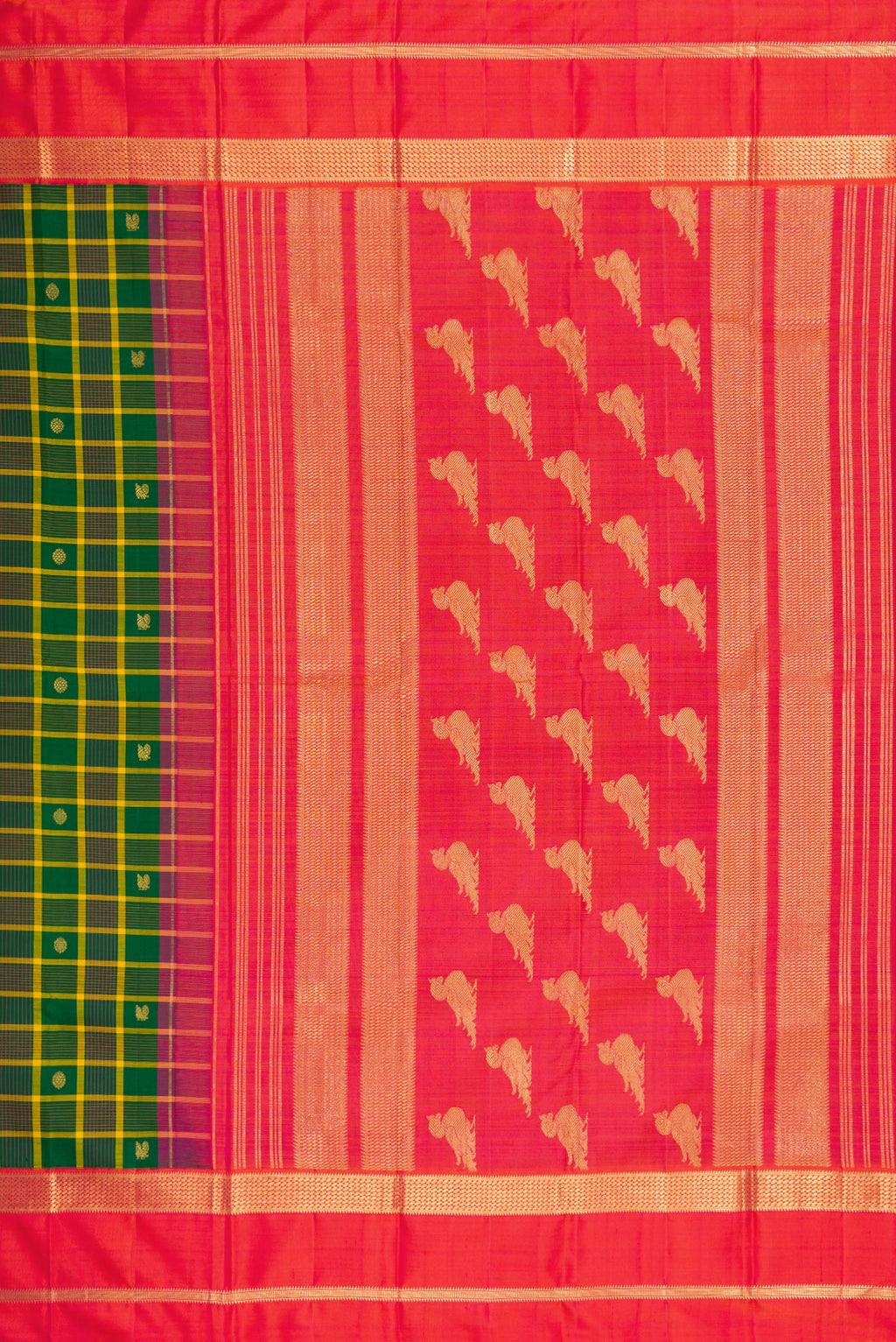 Close up image of the pallu of Green Kanjivaram Silk Saree with Checked design on the body and Zari Border. 