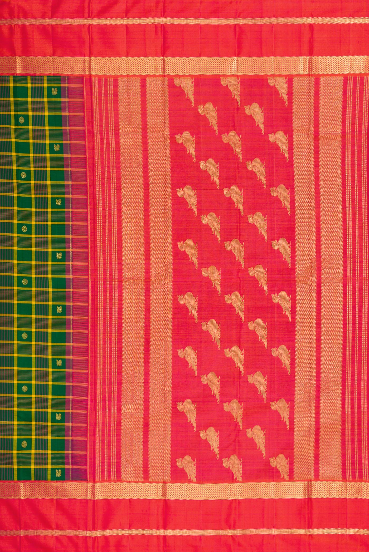 Close up image of the pallu of Green Kanjivaram Silk Saree with Checked design on the body and Zari Border. 