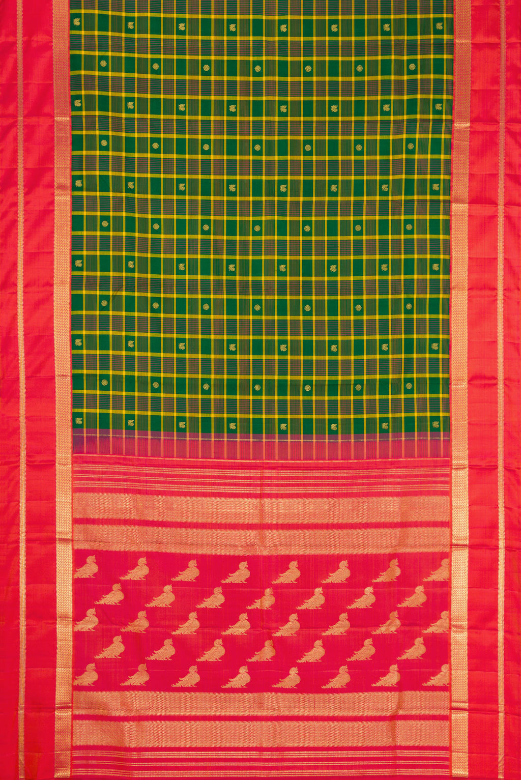 Flat view of Green Kanjivaram Silk Saree with Checked design on the body and Zari Border. 