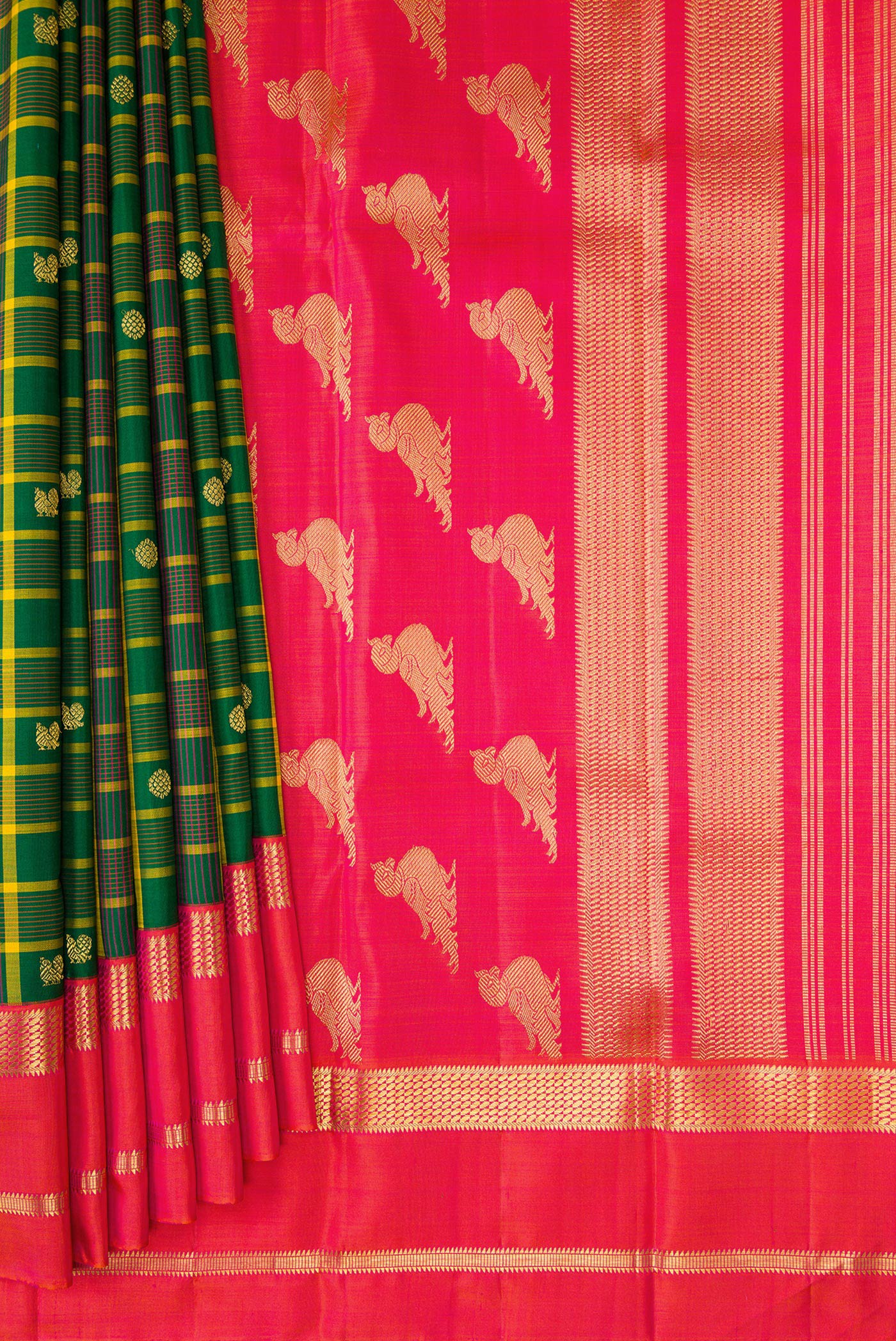Pleats and pallu of Green Kanjivaram Silk Saree with Checked design on the body and Zari Border. 