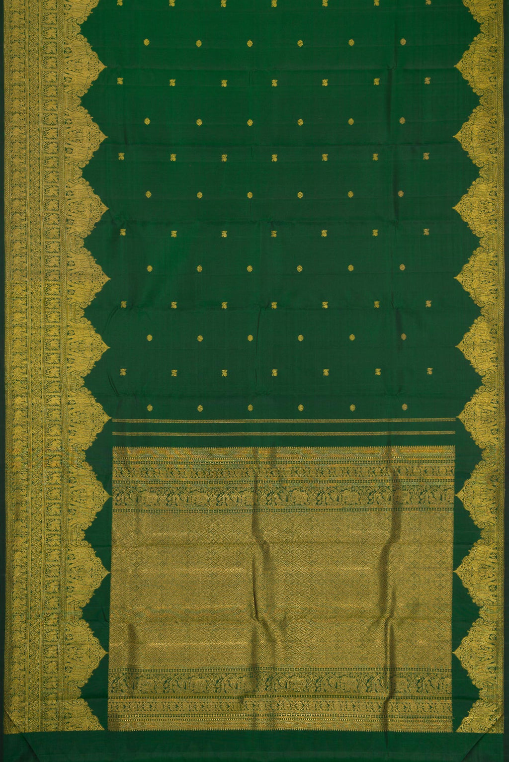 Flat view of Pure Silk Pure Zari Green Dual Tone Kanjivaram Saree with Zari Butta on the body and Zari Border. 