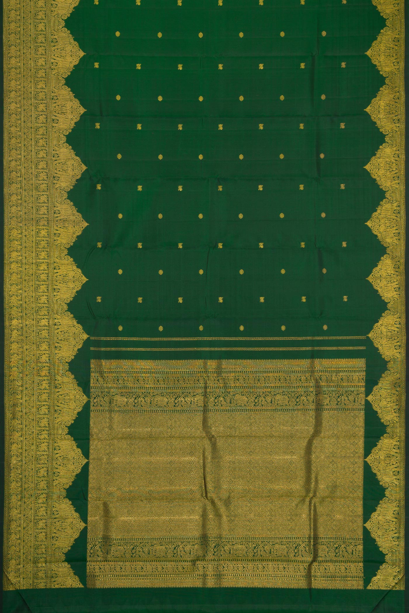 Flat view of Pure Silk Pure Zari Green Dual Tone Kanjivaram Saree with Zari Butta on the body and Zari Border. 