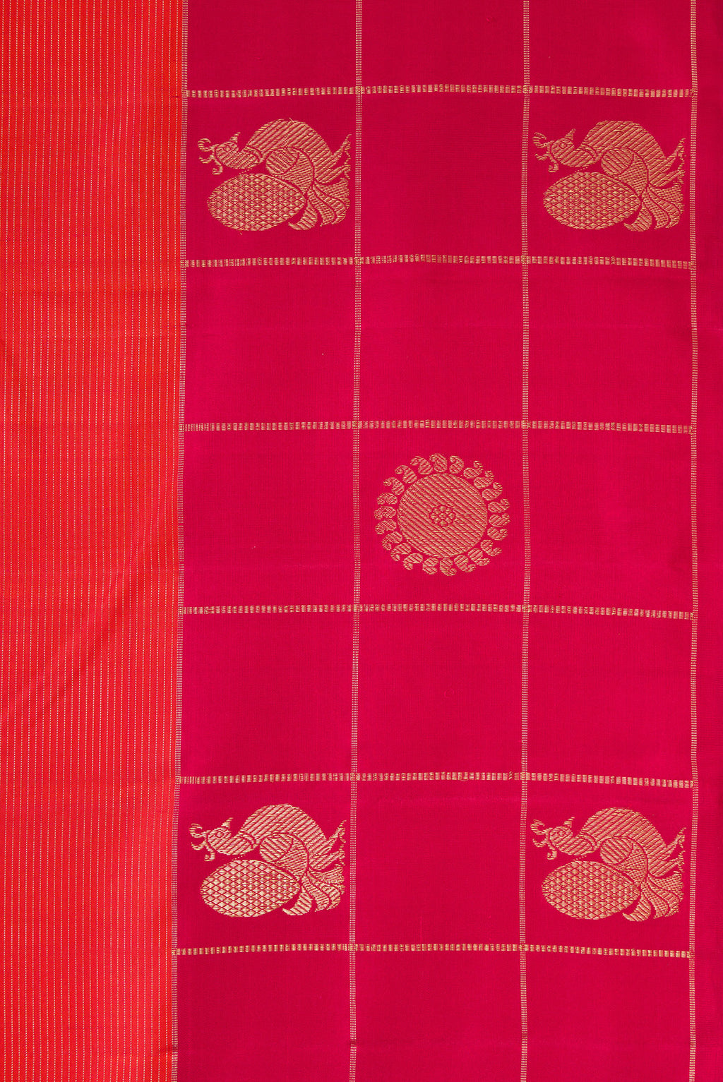 Border image of Brick Orange Dual Tone Kanjivaram Silk Saree with Stripes on the body and Checks Border. 