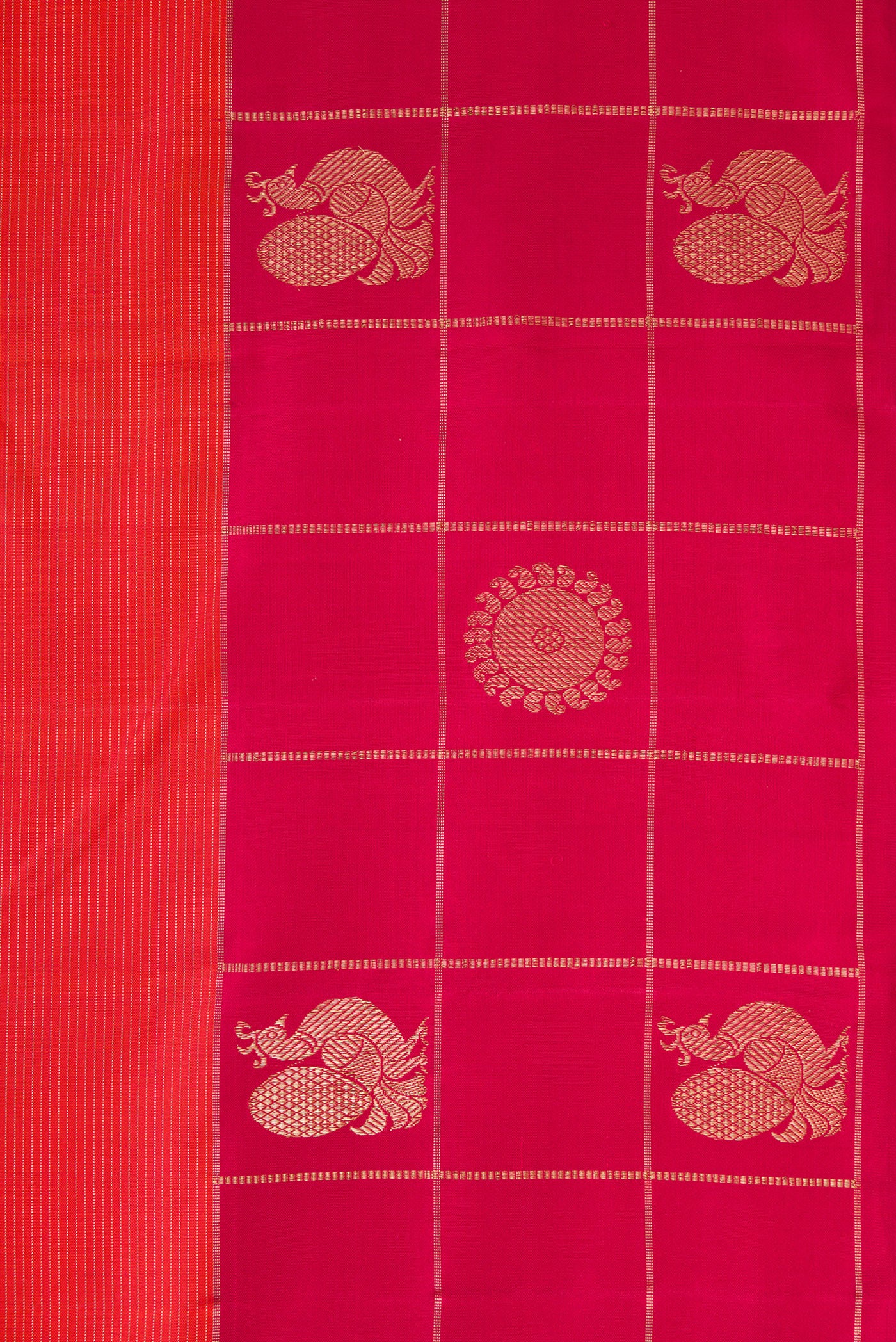 Border image of Brick Orange Dual Tone Kanjivaram Silk Saree with Stripes on the body and Checks Border. 