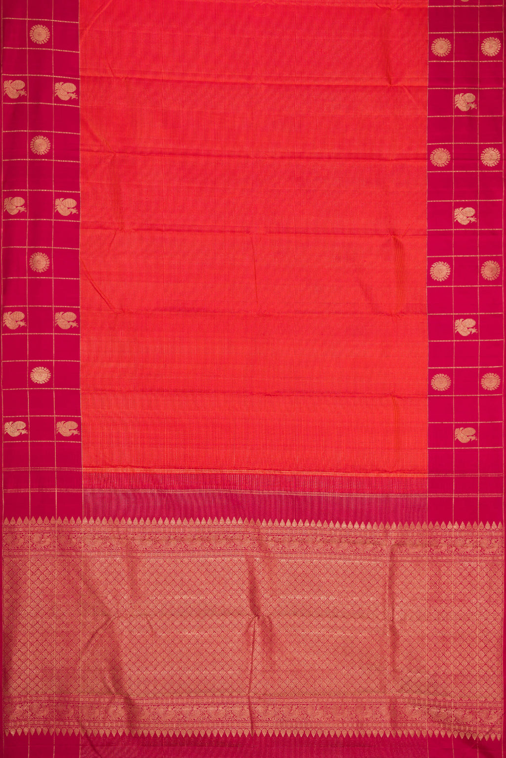 Flat view of Brick Orange Dual Tone Kanjivaram Silk Saree with Stripes on the body and Checks Border. 