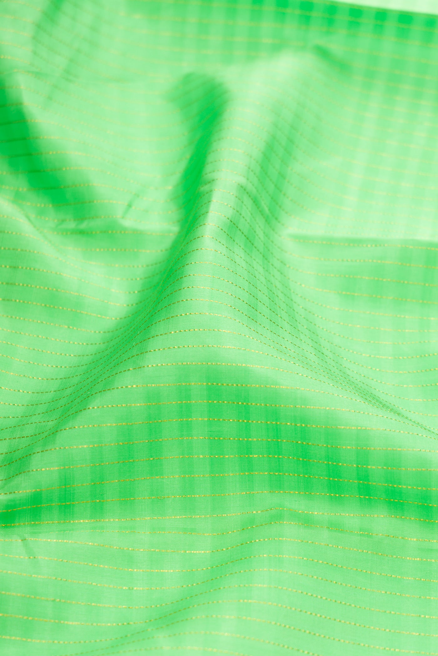 Close up of Parrot Green Kanjivaram Silk Saree with Stripes on the body and Ganga Jamuna Border.  displaying folds
