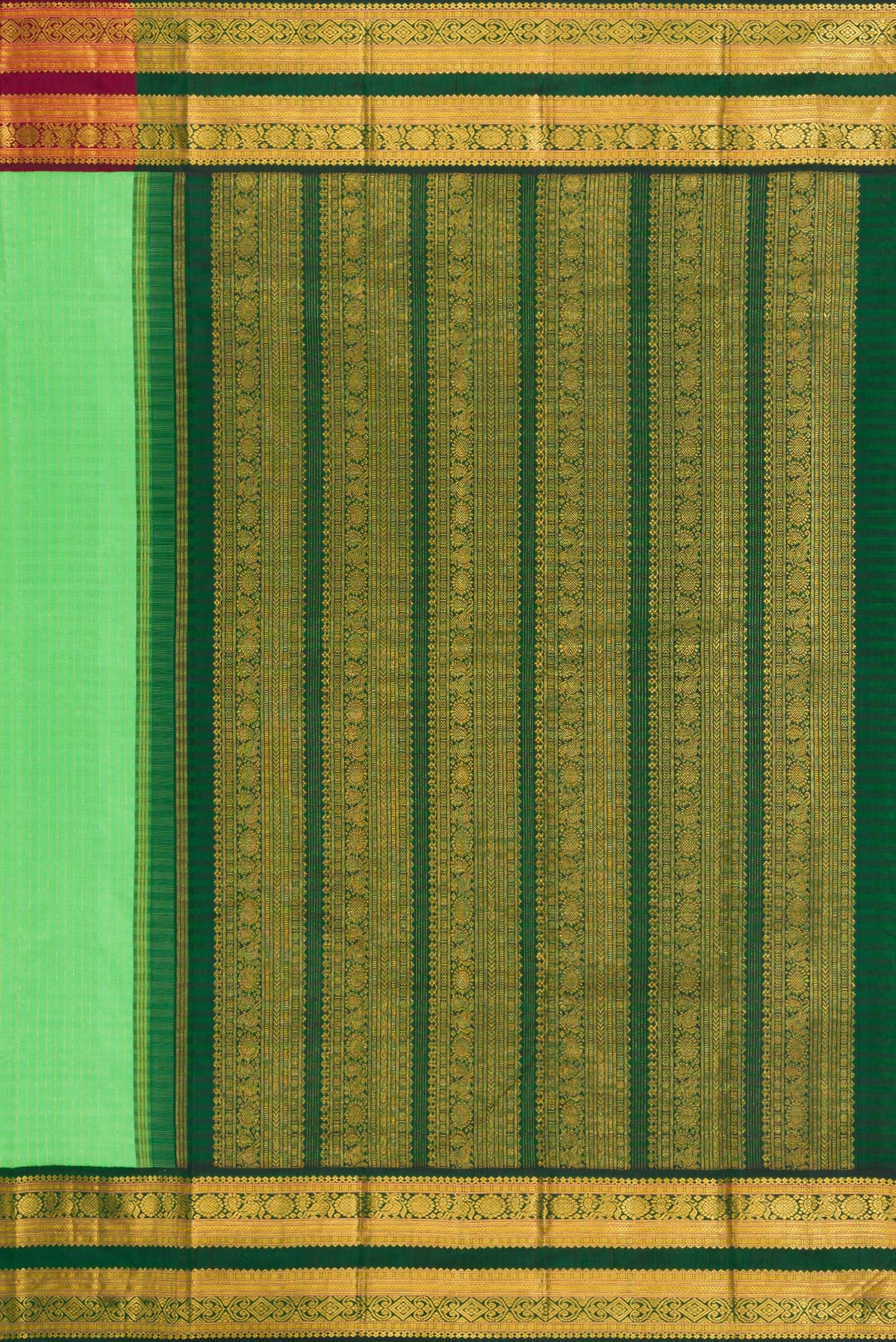 Close up image of the pallu of Parrot Green Kanjivaram Silk Saree with Stripes on the body and Ganga Jamuna Border. 