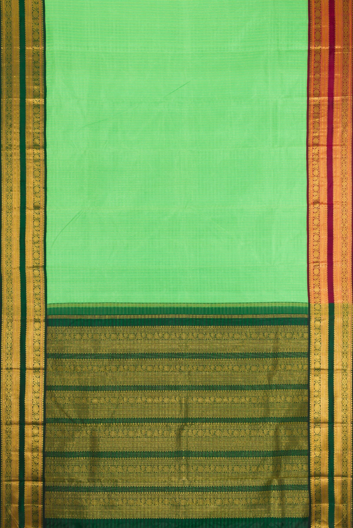 Flat view of Parrot Green Kanjivaram Silk Saree with Stripes on the body and Ganga Jamuna Border. 