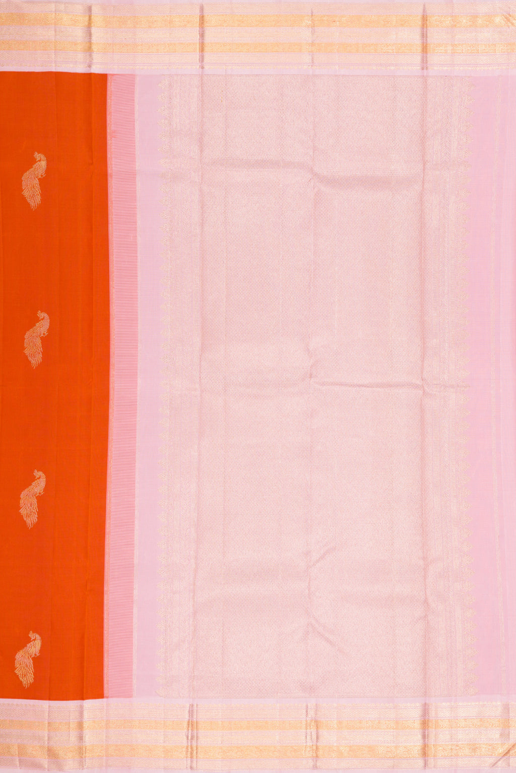 Close up image of the pallu of Pure Silk Pure Zari Brick Orange Dual Tone Kanjivaram Saree with Zari Butta on the body and Zari Border. 