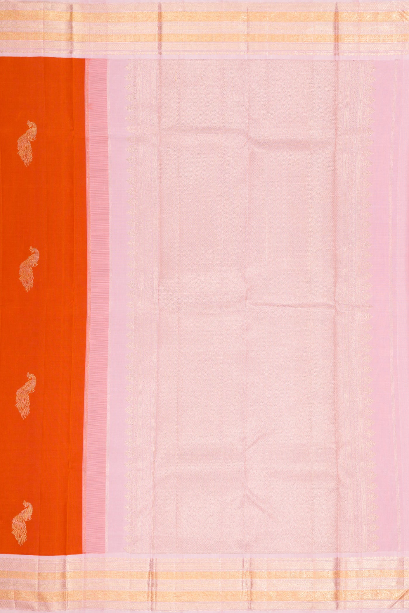 Close up image of the pallu of Pure Silk Pure Zari Brick Orange Dual Tone Kanjivaram Saree with Zari Butta on the body and Zari Border. 