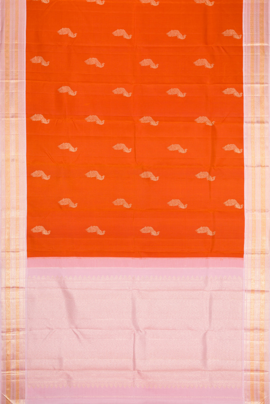 Flat view of Pure Silk Pure Zari Brick Orange Dual Tone Kanjivaram Saree with Zari Butta on the body and Zari Border. 