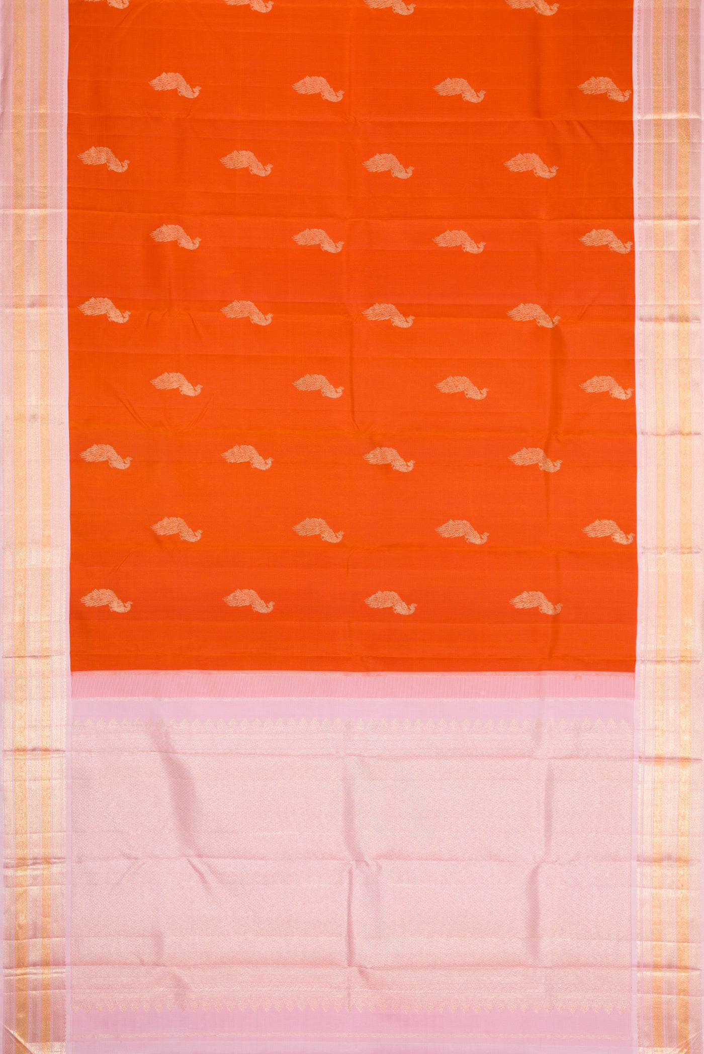 Flat view of Pure Silk Pure Zari Brick Orange Dual Tone Kanjivaram Saree with Zari Butta on the body and Zari Border. 