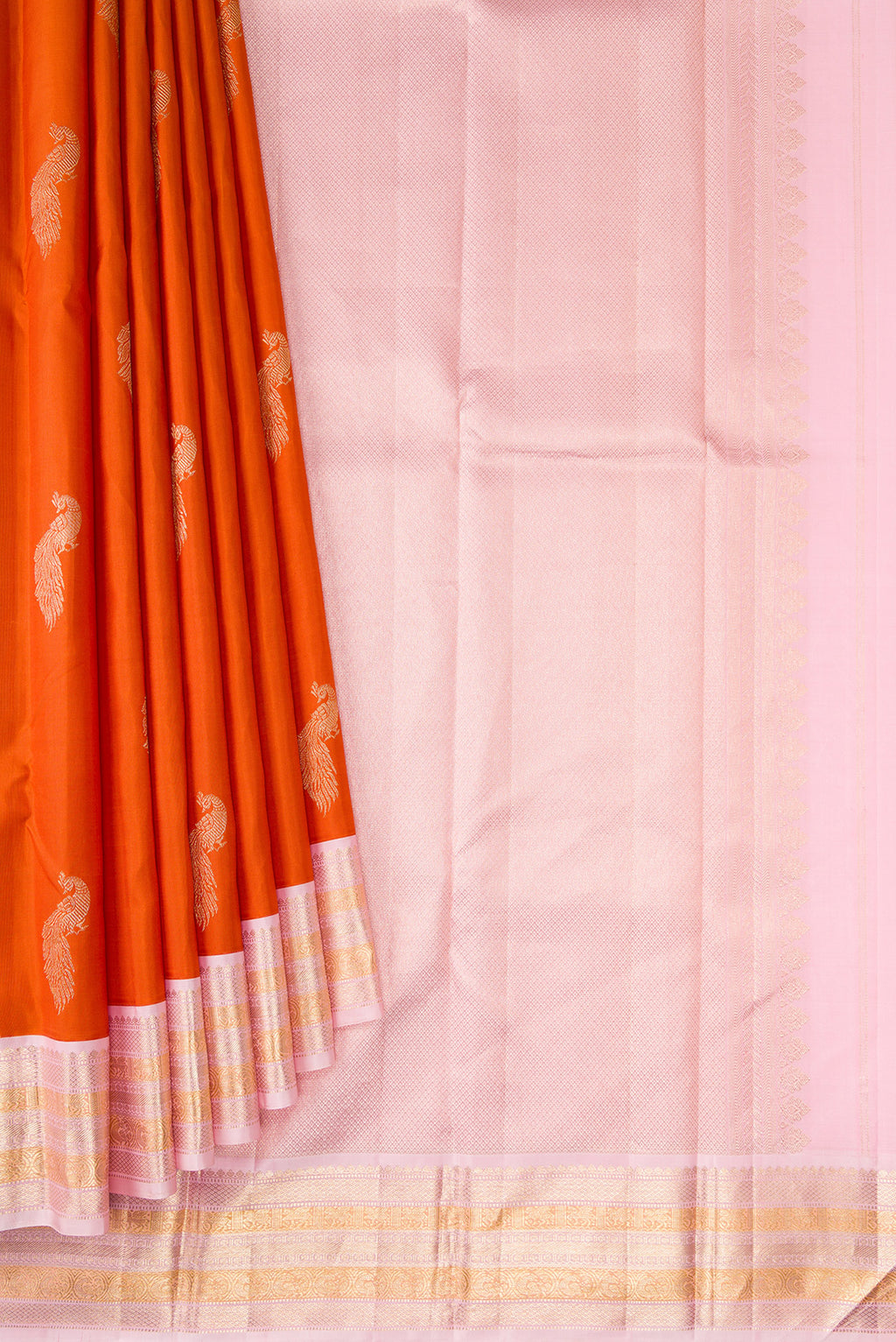 Pleats and pallu of Pure Silk Pure Zari Brick Orange Dual Tone Kanjivaram Saree with Zari Butta on the body and Zari Border. 