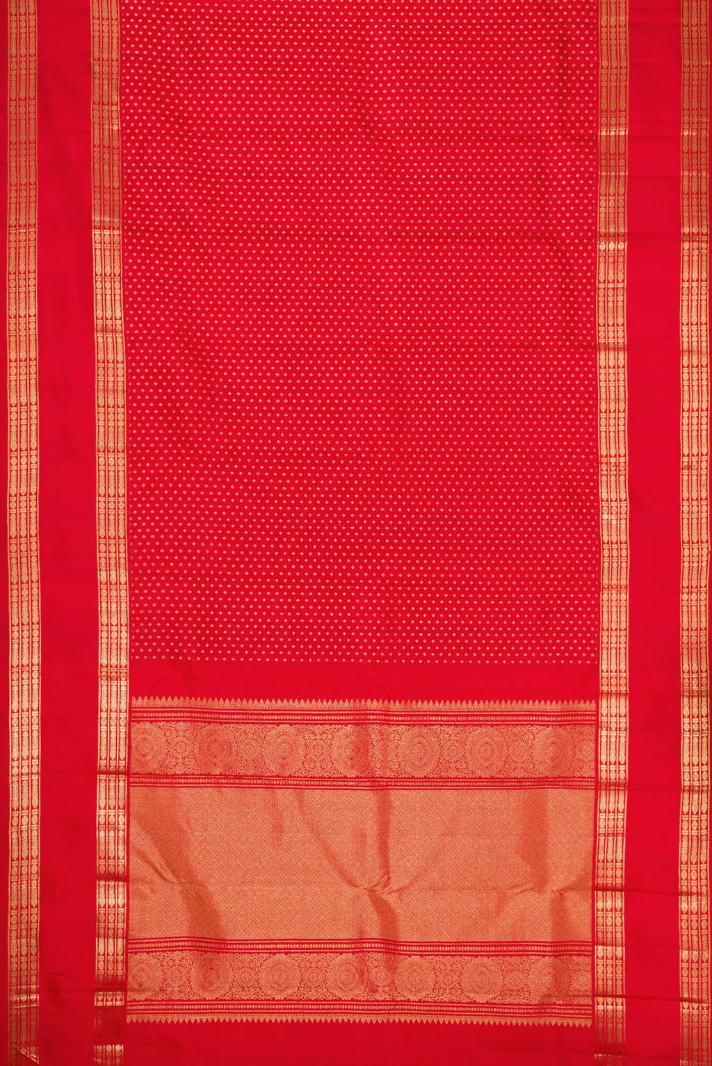 Flat view of Pure Silk Pure Zari Red Dual Tone Kanjivaram Saree with Zari Butta on the body and Zari Border. 