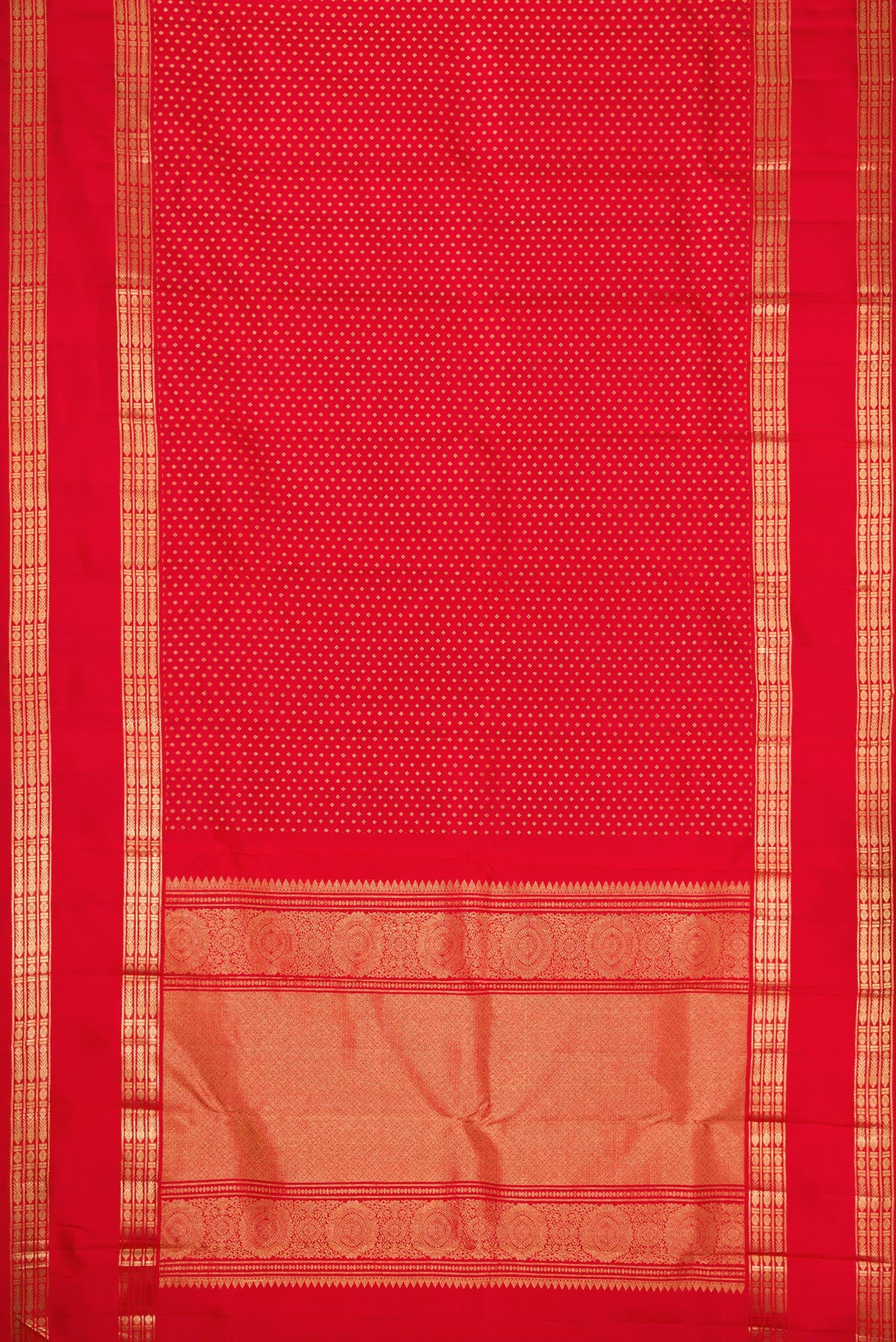 Flat view of Pure Silk Pure Zari Red Dual Tone Kanjivaram Saree with Zari Butta on the body and Zari Border. 