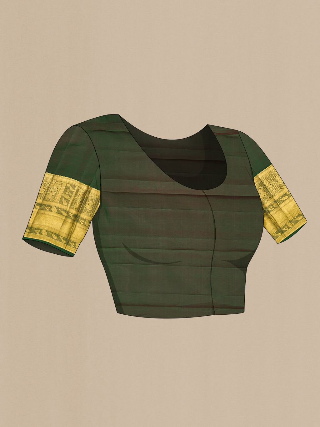 Close up image of the blouse of Bottle Green Kanchipuram Silk Saree with Zari Brocade on the body and Zari Border. 