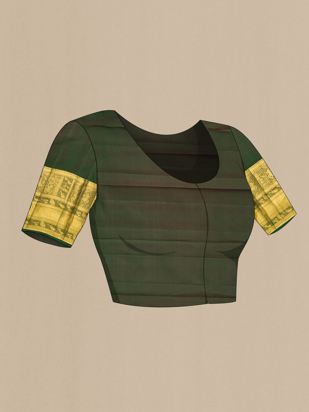 Close up image of the blouse of Bottle Green Kanchipuram Silk Saree with Zari Brocade on the body and Zari Border. 