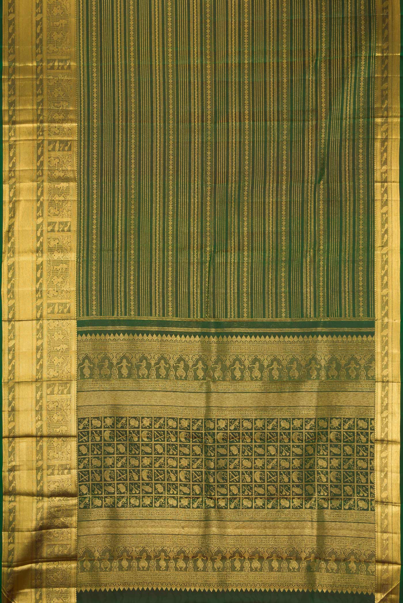 Flat view of Bottle Green Kanchipuram Silk Saree with Zari Brocade on the body and Zari Border. 