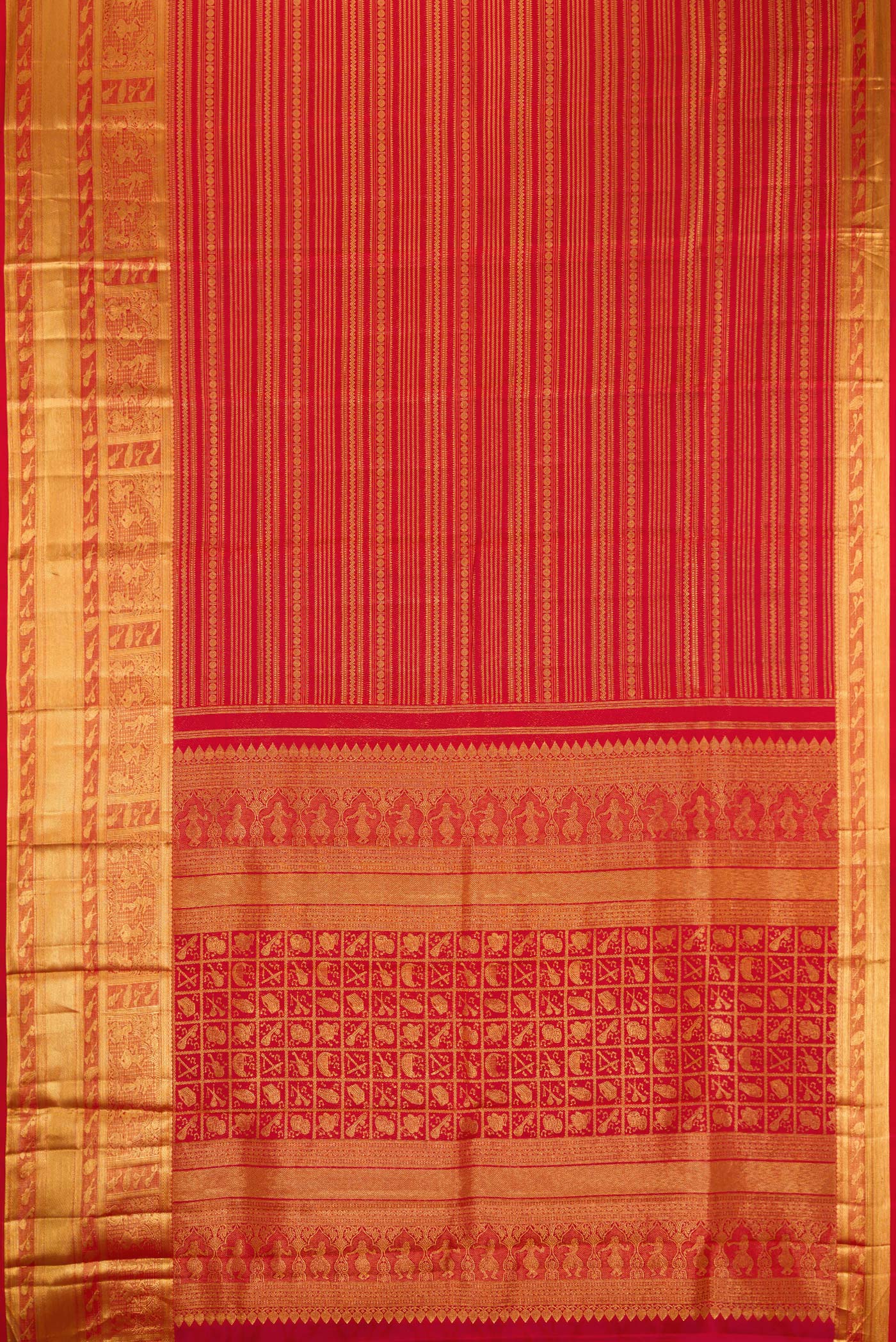 Flat view of Red Dual Tone Kanchipuram Silk Saree with Zari Brocade on the body and Fancy Border. 