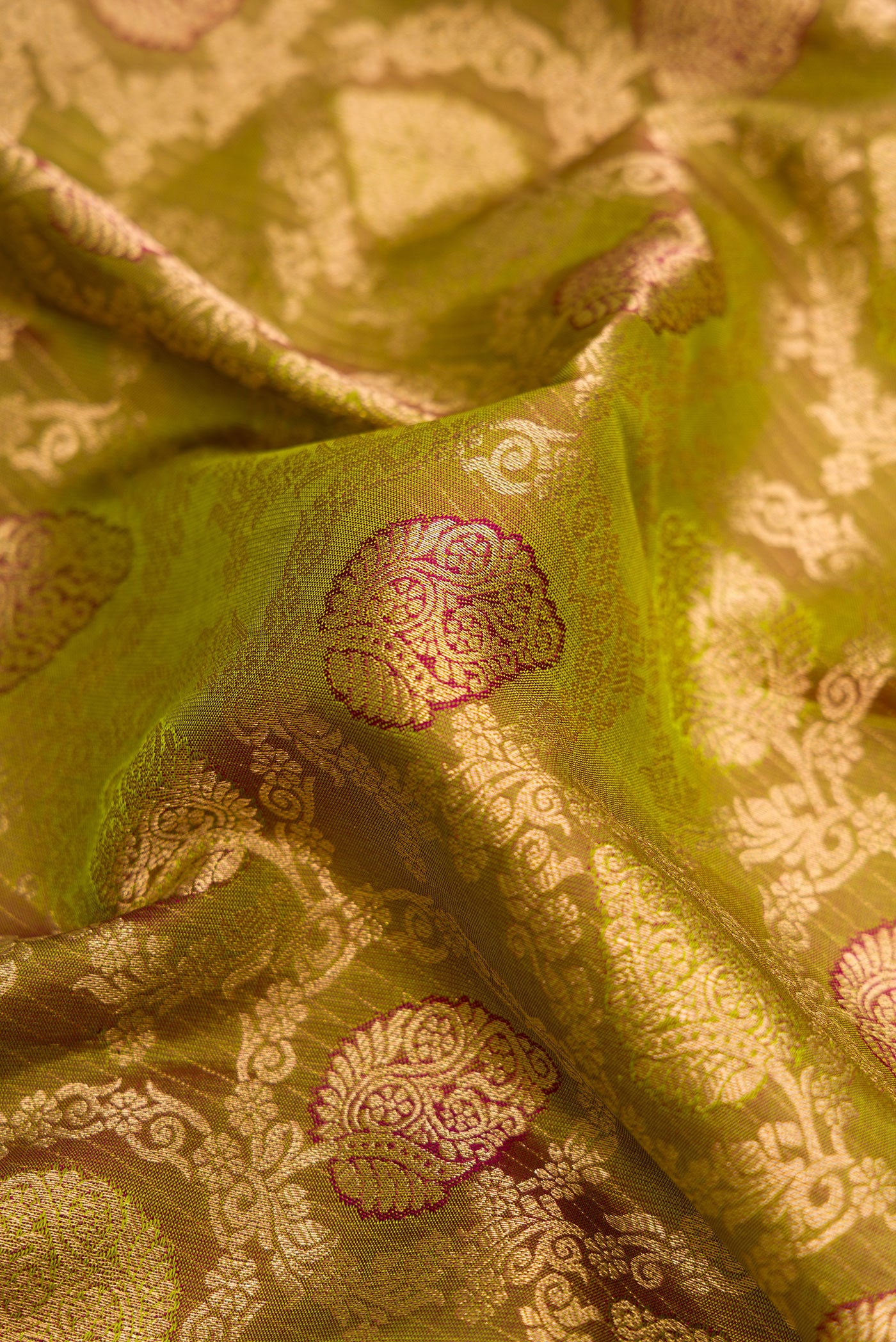 Close up of Mehandi Green Dual Tone Kanchipuram Silk Saree with Zari Brocade on the body and Zari Border.  displaying folds