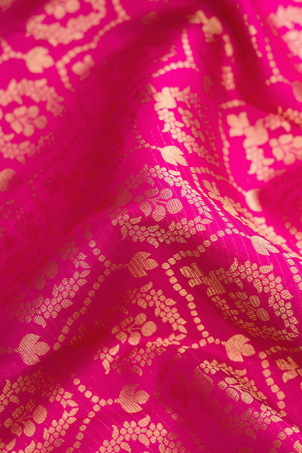 Close up of Magenta Dual Tone Kanjivaram Silk Saree with Zari Brocade on the body and Zari Border.  displaying folds