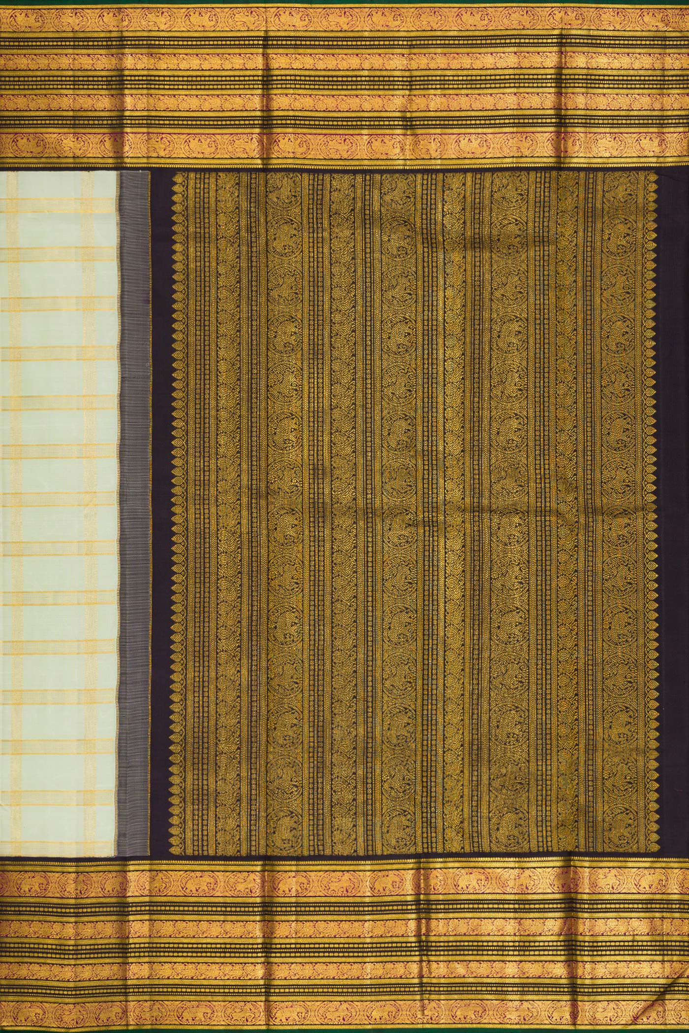 Close up image of the pallu of Pista Green Dual Tone Kanchipuram Silk Saree with Checked design on the body and Zari Border. 