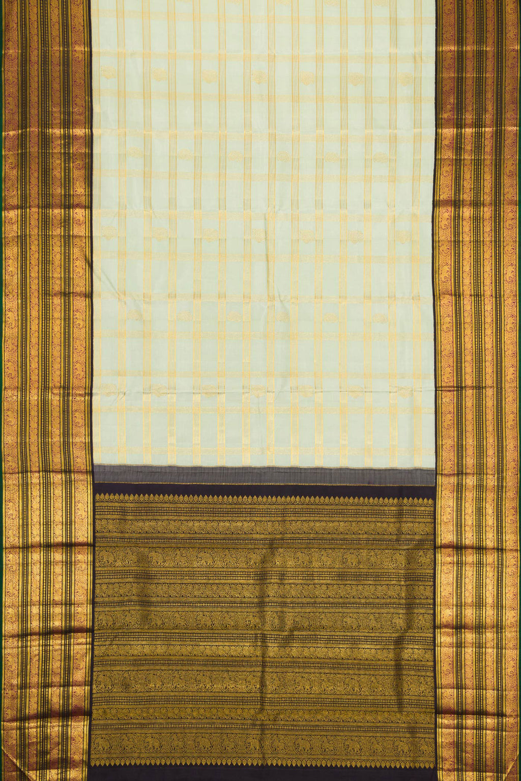 Flat view of Pista Green Dual Tone Kanchipuram Silk Saree with Checked design on the body and Zari Border. 