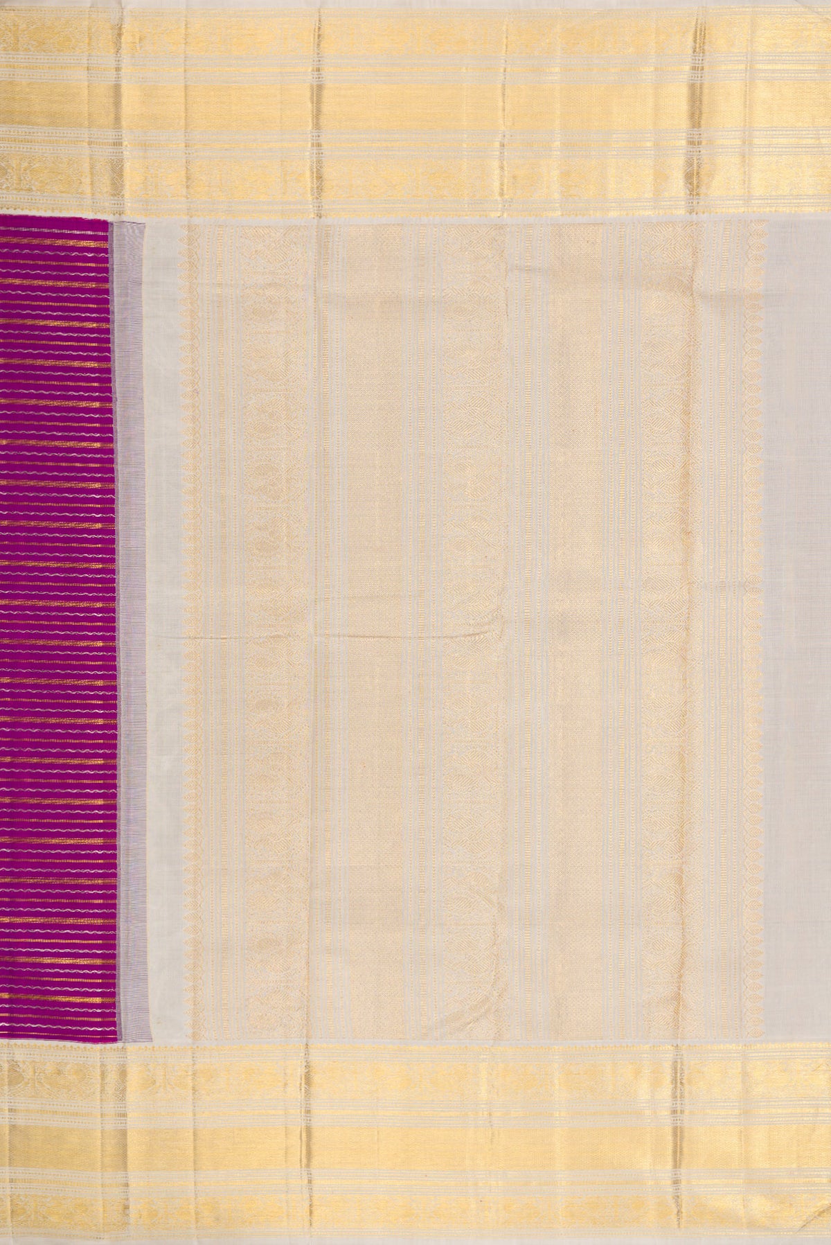 Close up image of the pallu of Magenta Dual Tone Kanchipuram Silk Saree with Stripes on the body and Zari Border. 