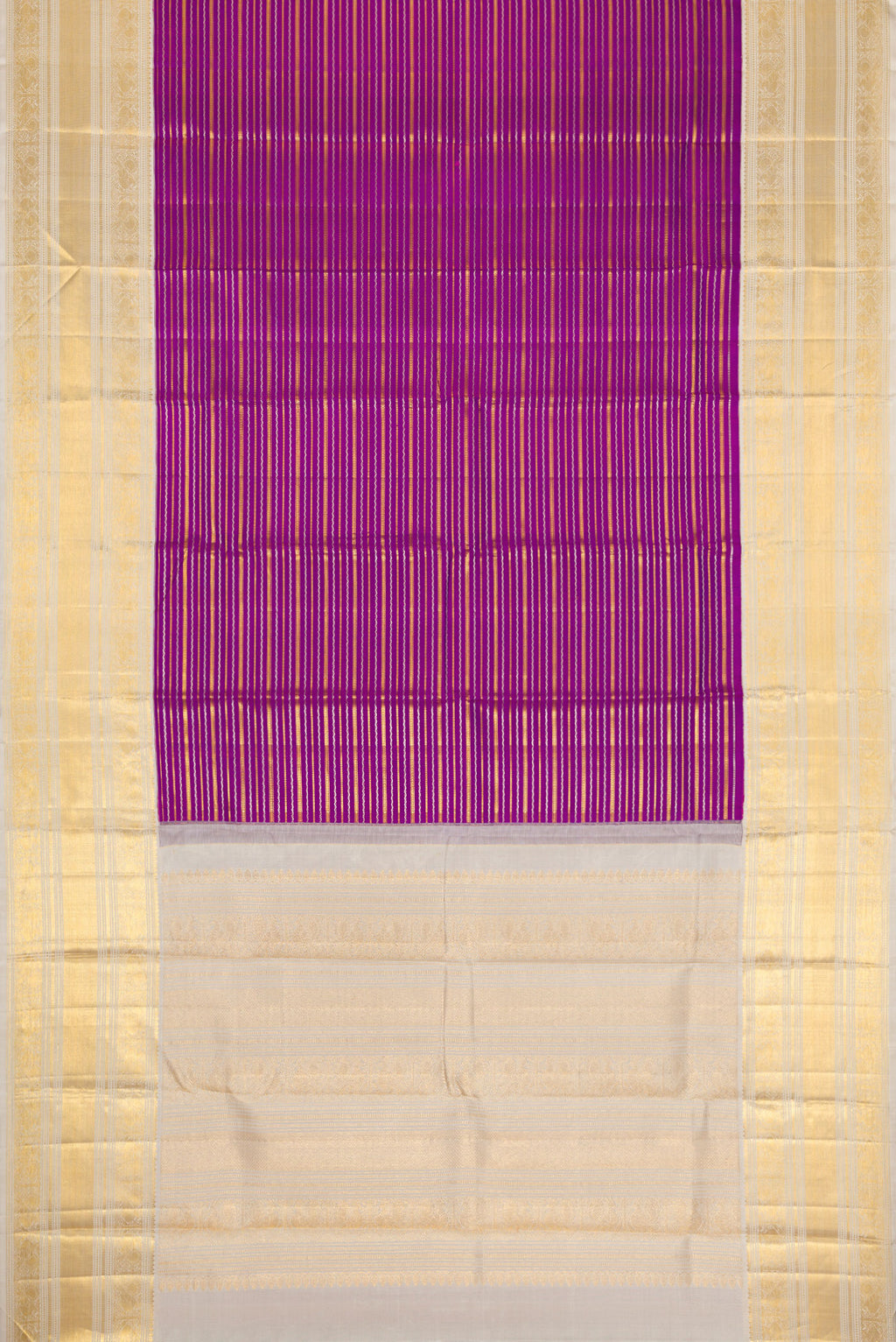 Flat view of Magenta Dual Tone Kanchipuram Silk Saree with Stripes on the body and Zari Border. 
