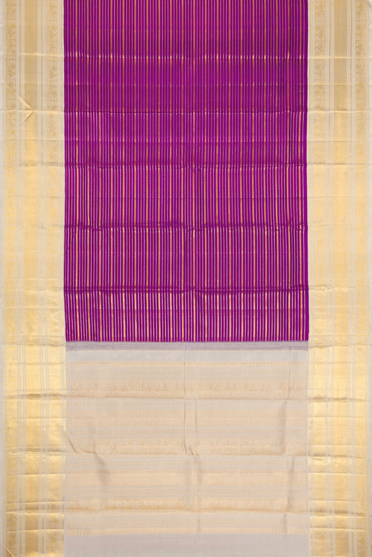 Flat view of Magenta Dual Tone Kanchipuram Silk Saree with Stripes on the body and Zari Border. 