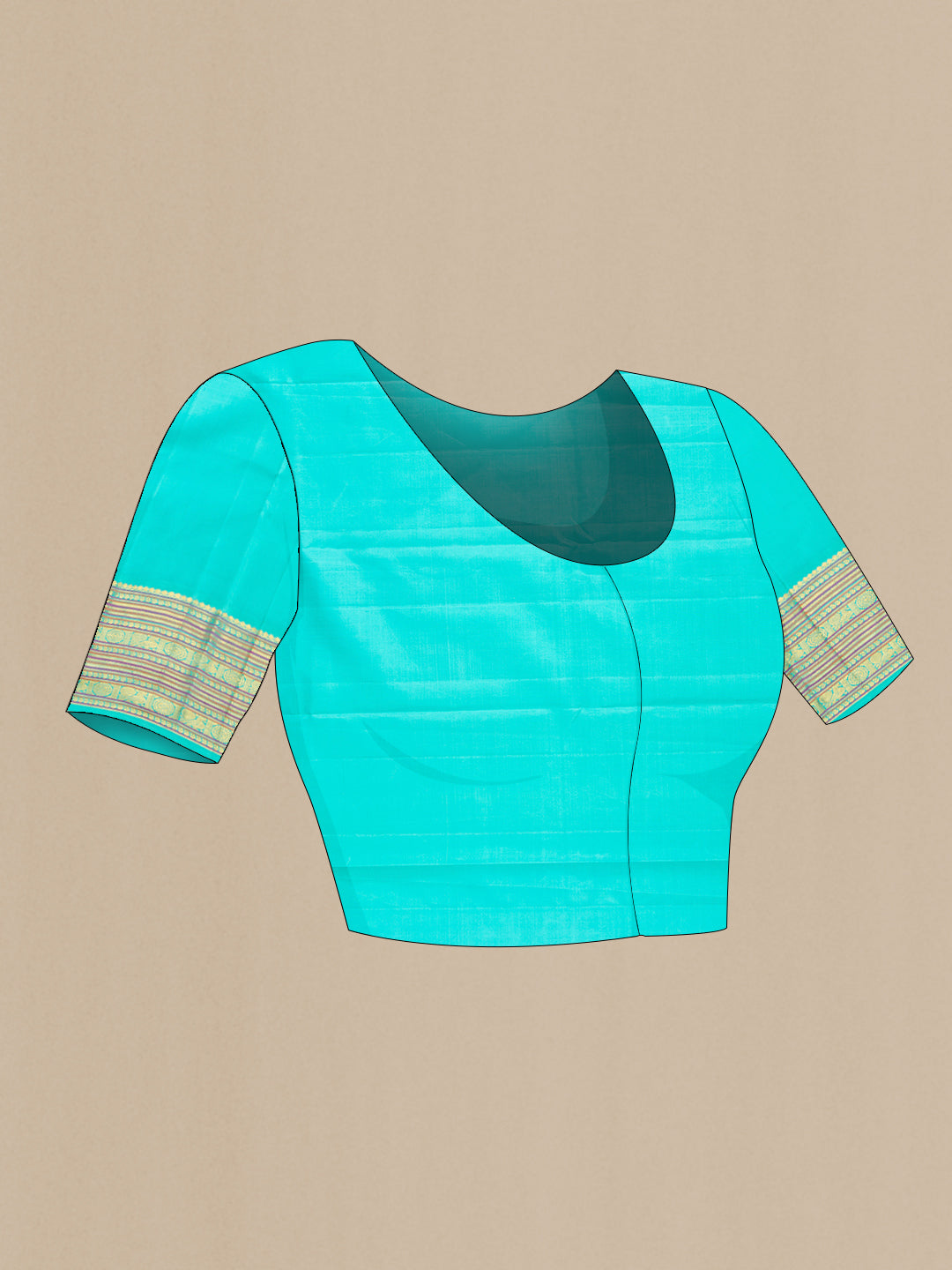 Close up image of the blouse of Pure Silk Pure Zari Beige Dual Tone Kanjivaram Saree with Plain Body and Zari Border. 