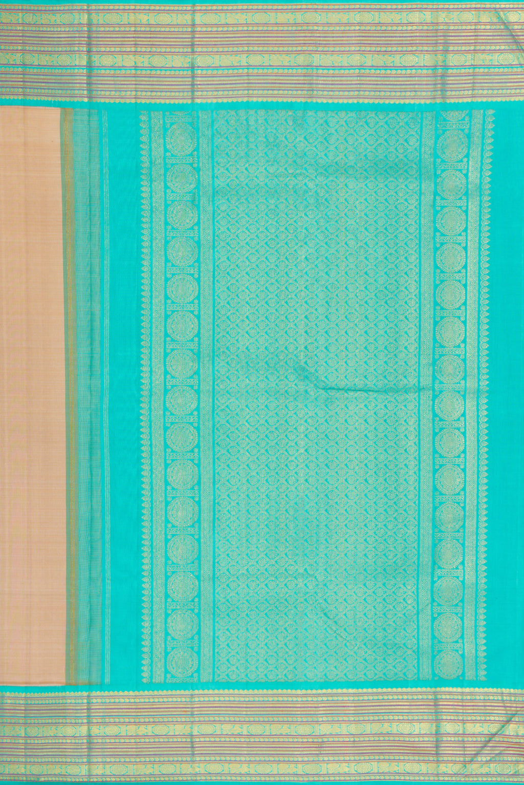 Close up image of the pallu of Pure Silk Pure Zari Beige Dual Tone Kanjivaram Saree with Plain Body and Zari Border. 