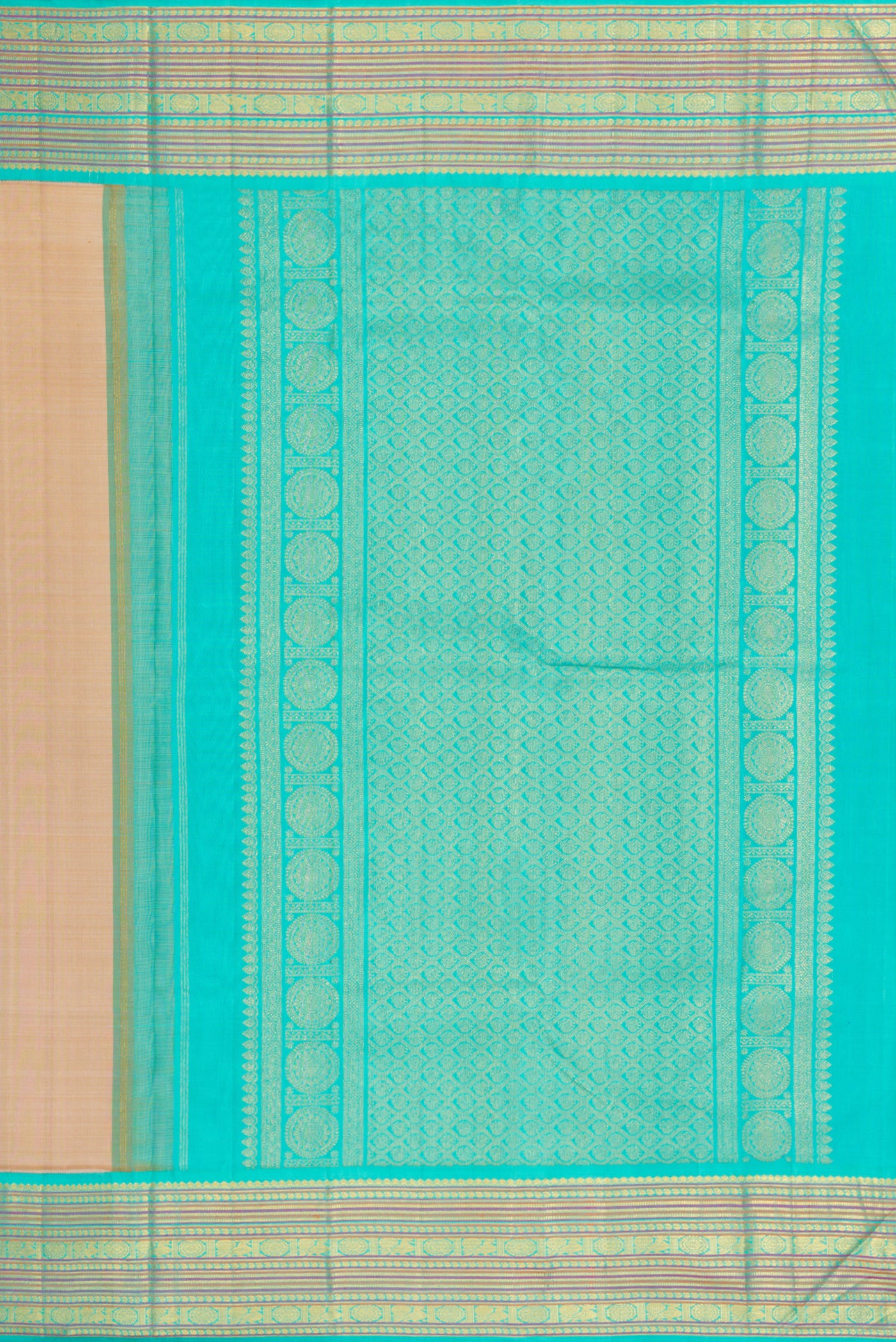 Close up image of the pallu of Pure Silk Pure Zari Beige Dual Tone Kanjivaram Saree with Plain Body and Zari Border. 