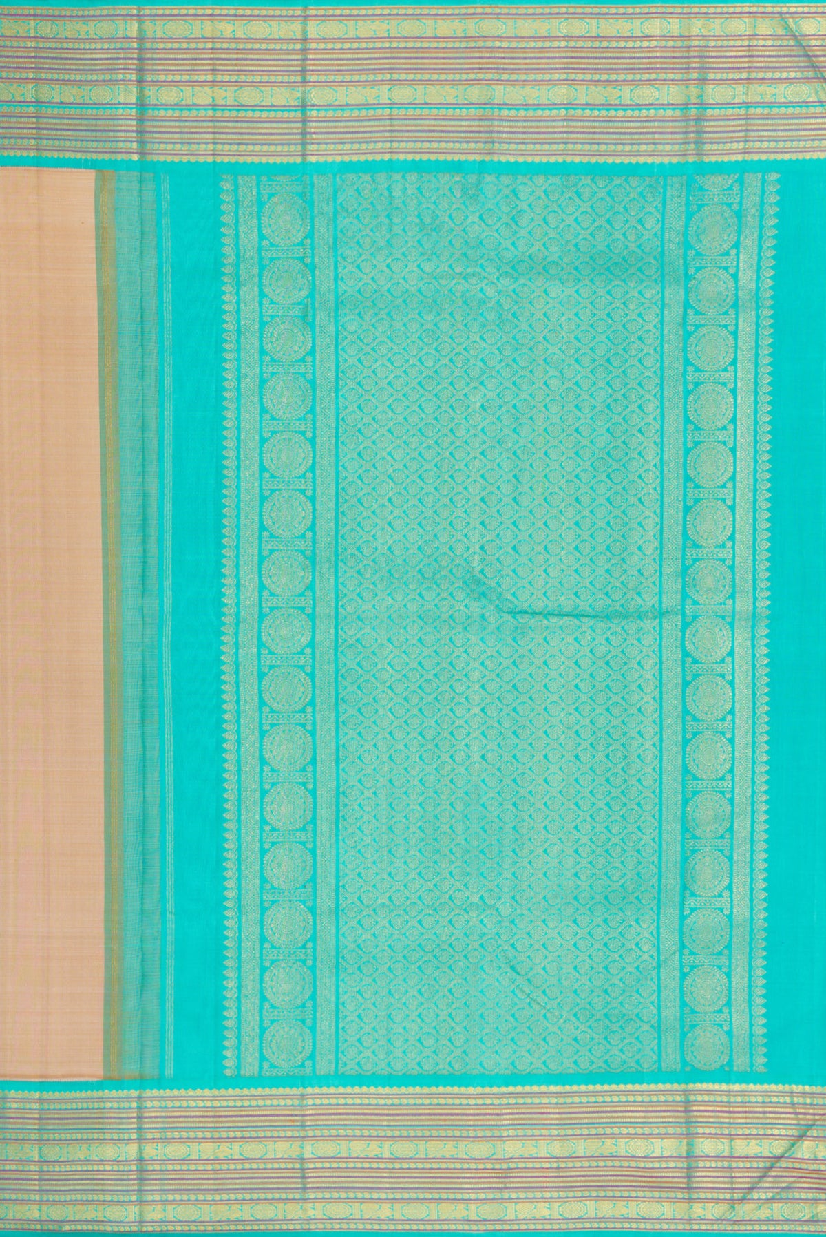 Close up image of the pallu of Pure Silk Pure Zari Beige Dual Tone Kanjivaram Saree with Plain Body and Zari Border. 