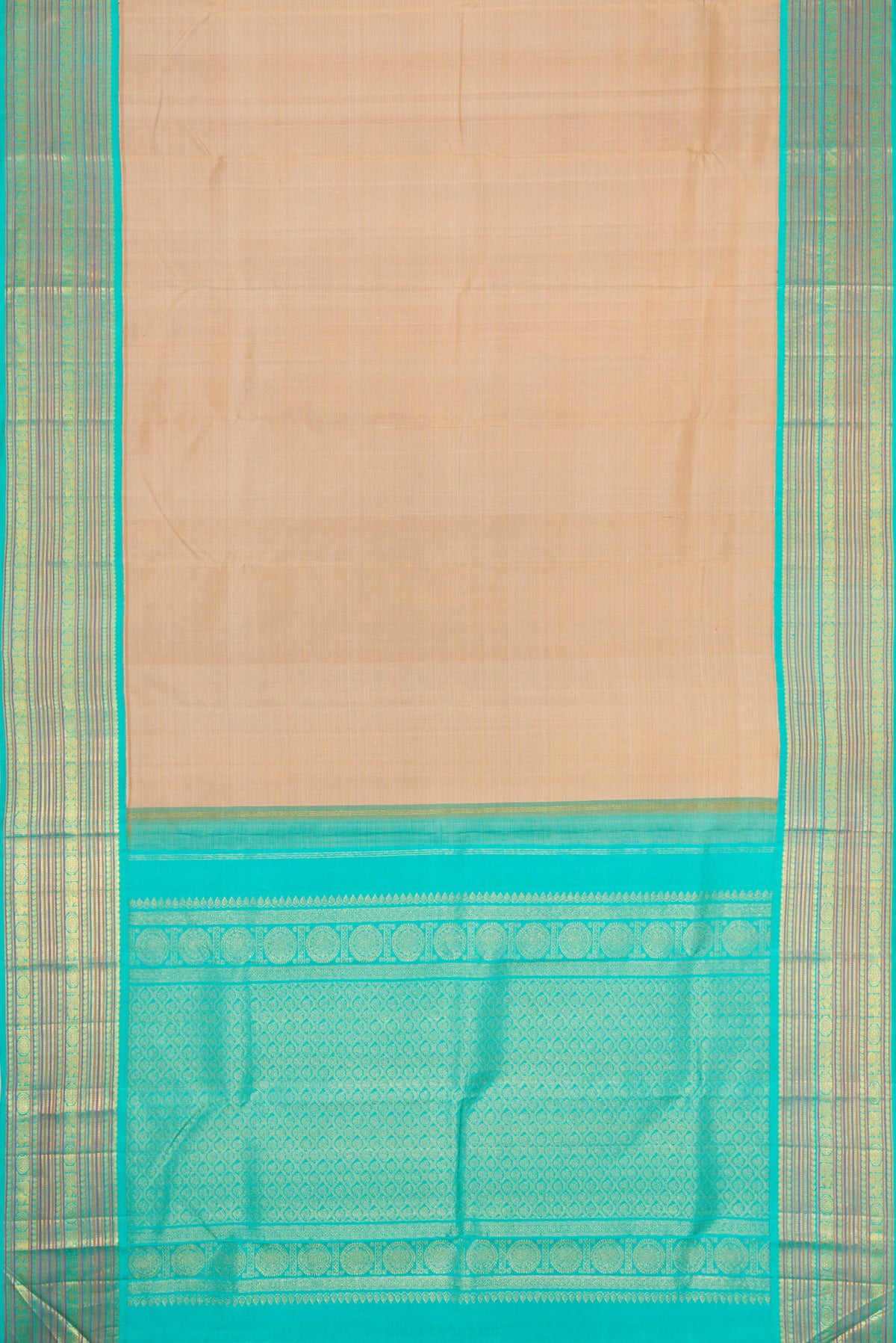 Flat view of Pure Silk Pure Zari Beige Dual Tone Kanjivaram Saree with Plain Body and Zari Border. 