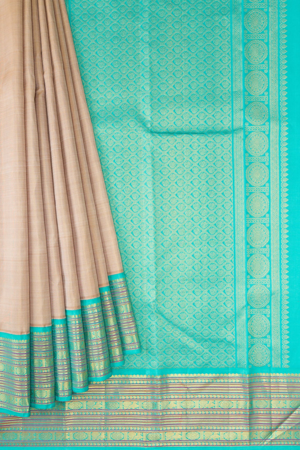 Pleats and pallu of Pure Silk Pure Zari Beige Dual Tone Kanjivaram Saree with Plain Body and Zari Border. 