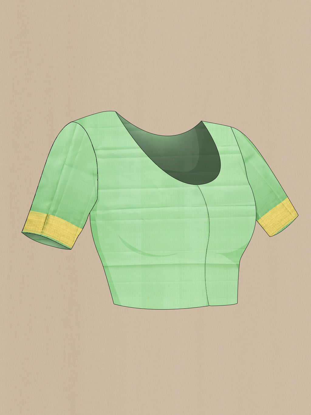 Close up image of the blouse of Yellow , Green and Lilac Color Kanchipuram Silk Saree with Checked design on the body and Zari Border. 