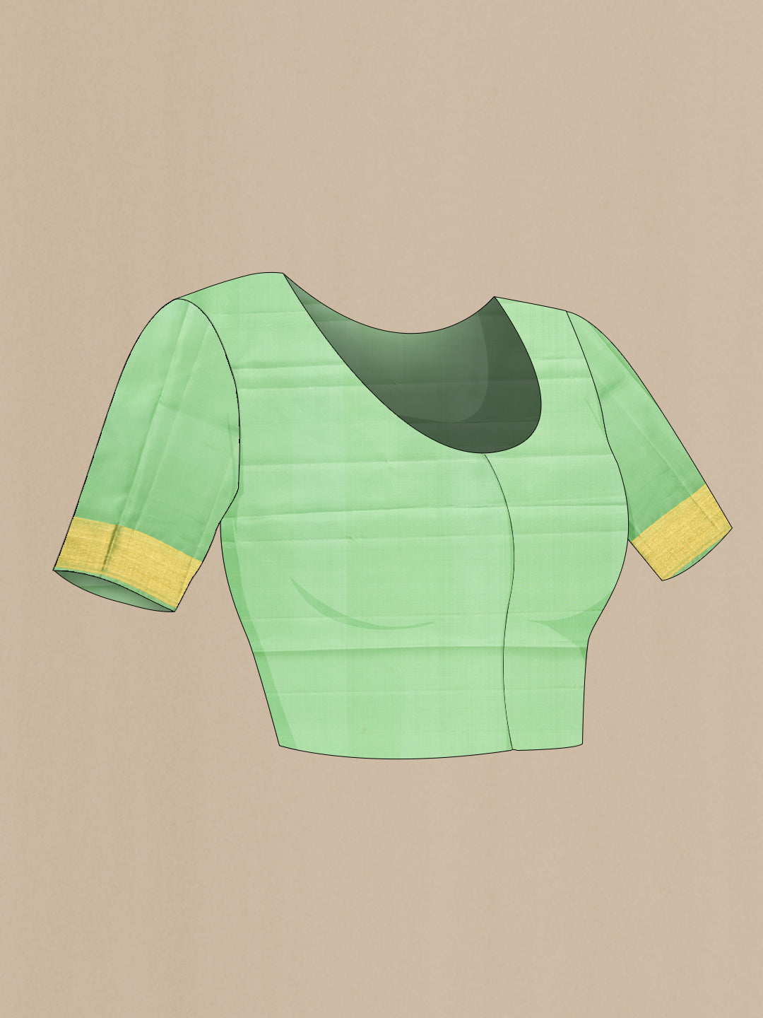 Close up image of the blouse of Yellow , Green and Lilac Color Kanchipuram Silk Saree with Checked design on the body and Zari Border. 