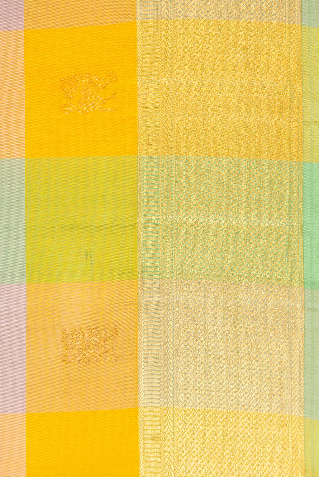 Border image of Yellow , Green and Lilac Color Kanchipuram Silk Saree with Checked design on the body and Zari Border. 