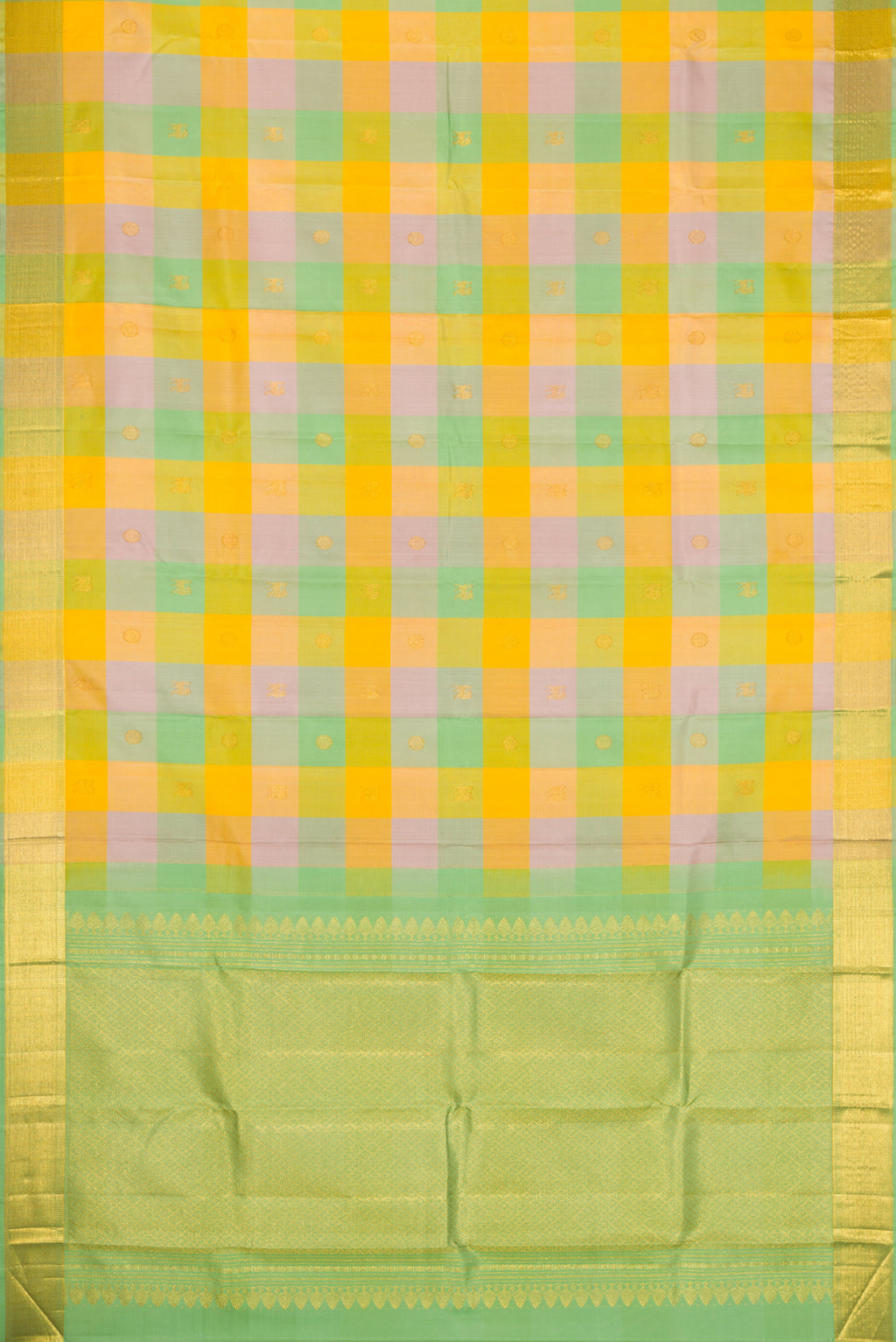 Flat view of Yellow , Green and Lilac Color Kanchipuram Silk Saree with Checked design on the body and Zari Border. 