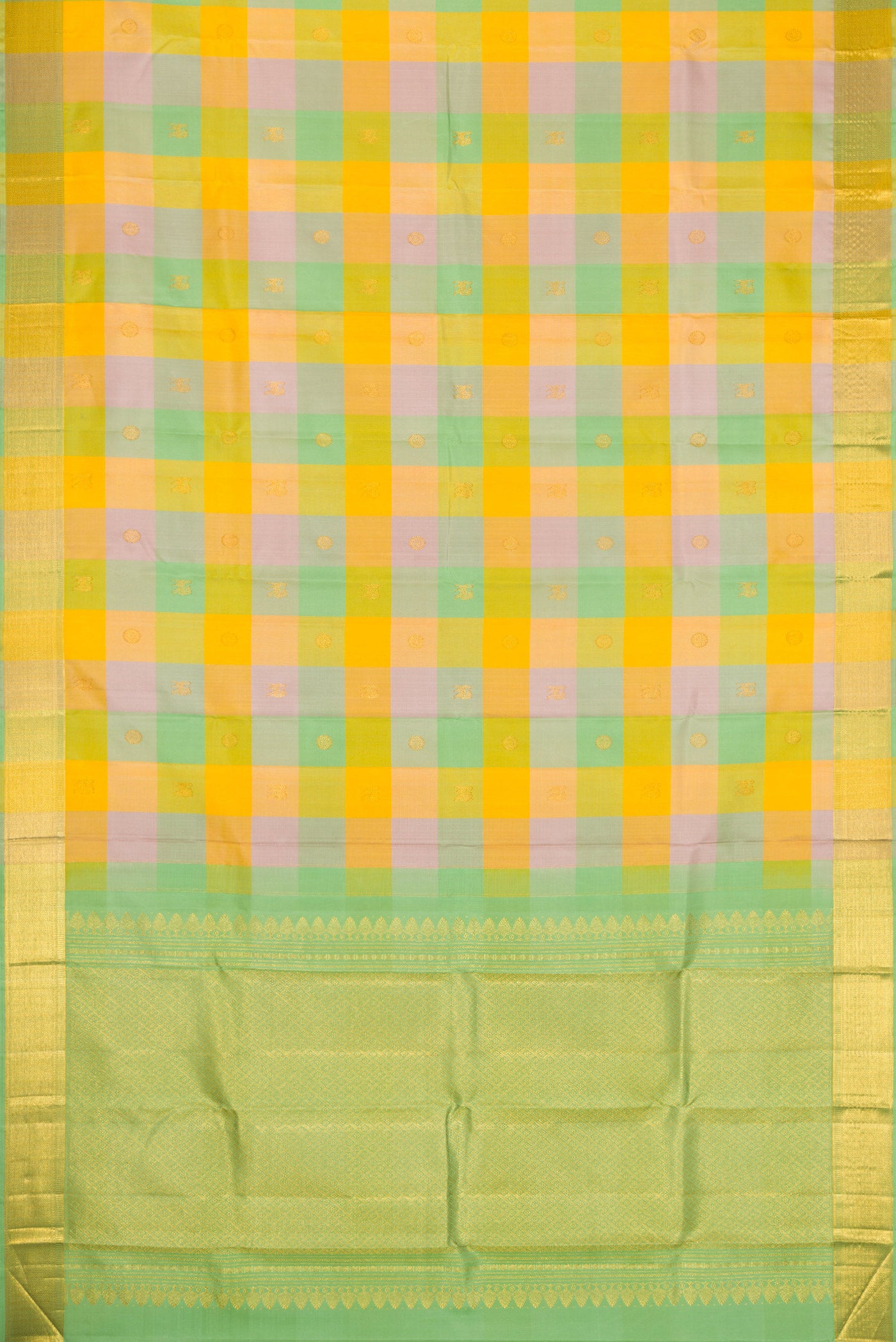 Flat view of Yellow , Green and Lilac Color Kanchipuram Silk Saree with Checked design on the body and Zari Border. 