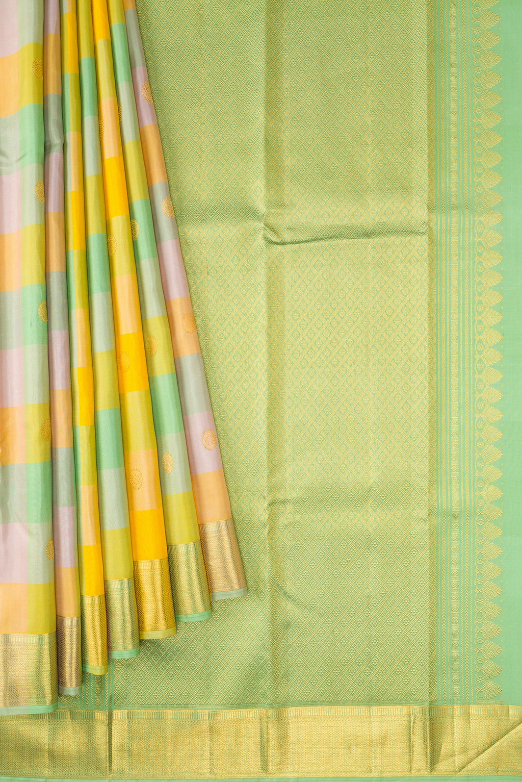 Pleats and pallu of Yellow , Green and Lilac Color Kanchipuram Silk Saree with Checked design on the body and Zari Border. 