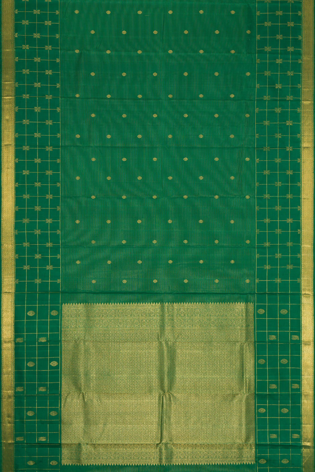 Flat view of Pure Silk Pure Zari Green Dual Tone Kanjivaram Saree with Zari Butta on the body and Zari Border. 